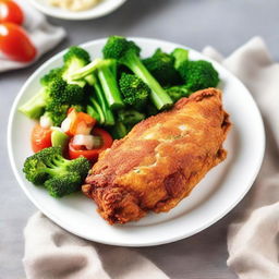 A close-up image of a fried chicken breast served on a white plate with a side of fresh vegetables.