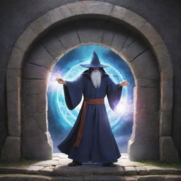 Anime style image of a wizard opening a magical portal.