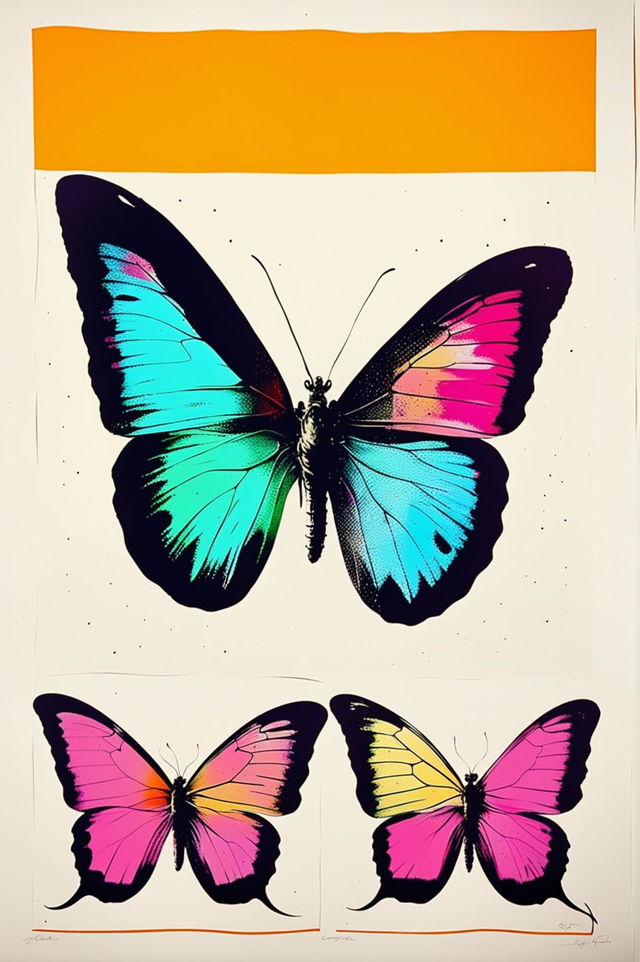 This is a description of a butterfly print inspired by Andy Warhol's pop-art style