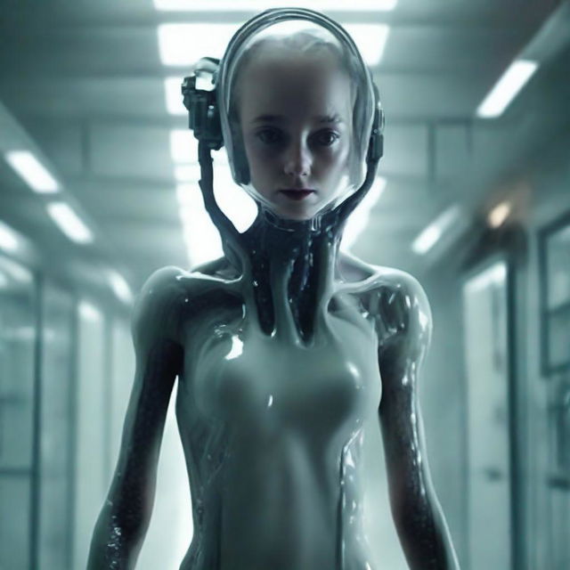 Create an image of a mysterious girl involved in an experiment for a biological weapon intended to wipe out humanity, with an unexpected twist of alien interference