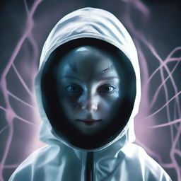 Create an image of a mysterious girl involved in an experiment for a biological weapon intended to wipe out humanity, with an unexpected twist of alien interference