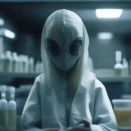 Create an image of a mysterious girl involved in an experiment for a biological weapon intended to wipe out humanity, with an unexpected twist of alien interference