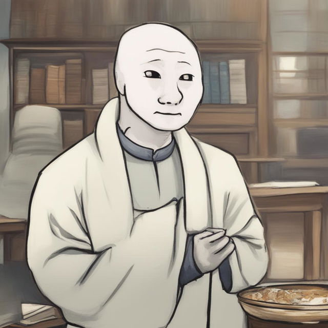 The image should depict a Wojak character dressed in traditional priest attire, expressing a calm and serene demeanor.