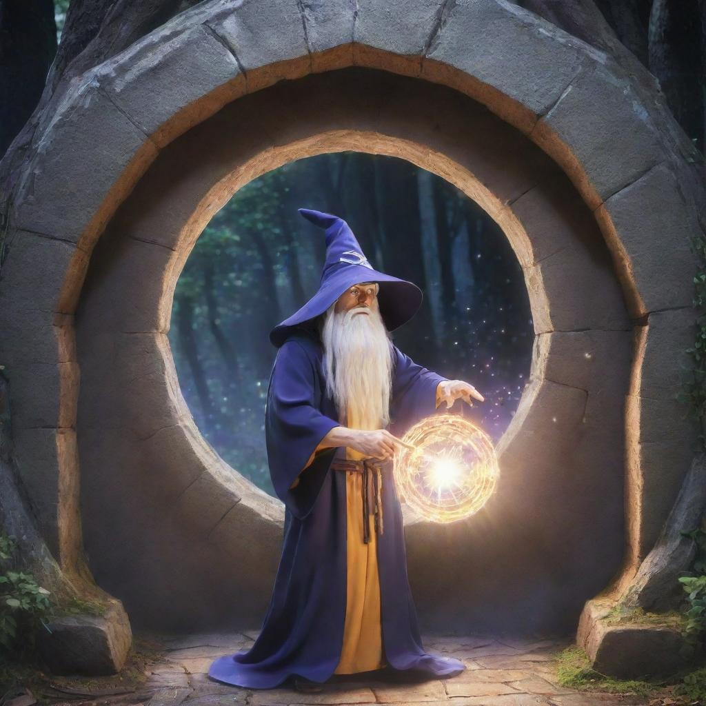 Anime style image of a wizard opening a magical portal.