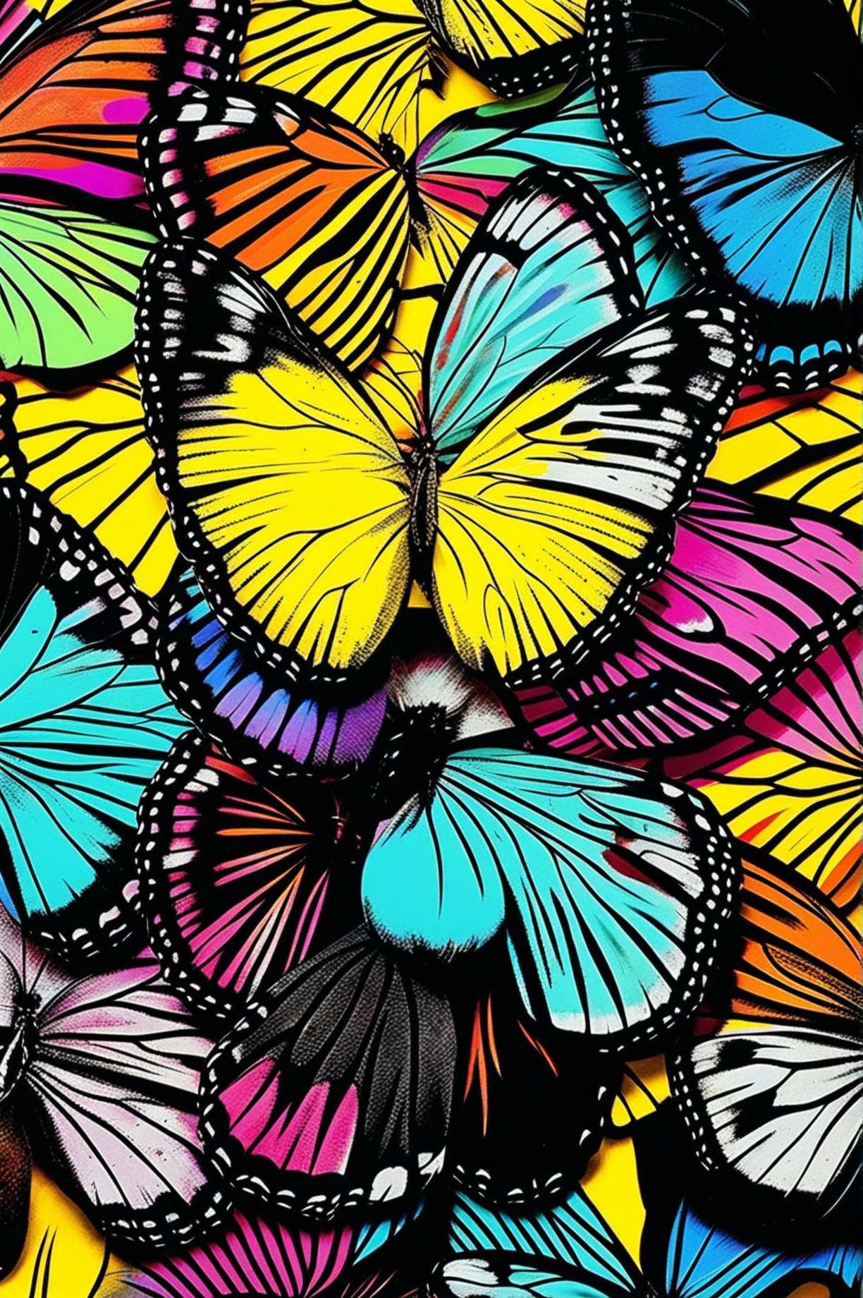 The image is an Andy Warhol-inspired butterfly print, featuring a grid of butterflies in bold, contrasting colors and simplified patterns