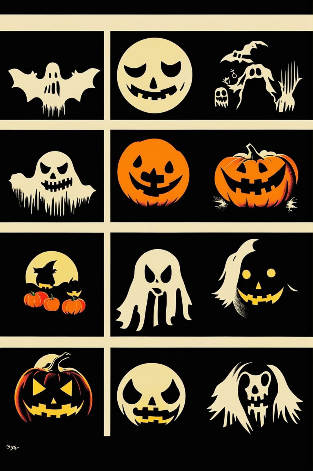 An Andy Warhol style pop art image with a Halloween theme, featuring elements like pumpkins, bats, witches, and ghosts in a vibrant, contrasting color grid