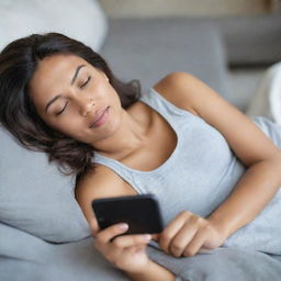 An image of a relaxed woman, lying down on her stomach, busily engaged with her phone in her hands.