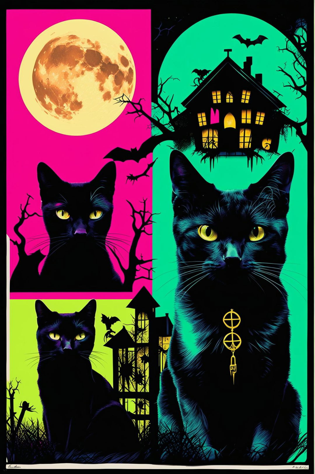 A variation of the previous Andy Warhol style Halloween themed print, incorporating new elements like black cats, full moon, haunted houses and skeletons in a vibrant color grid