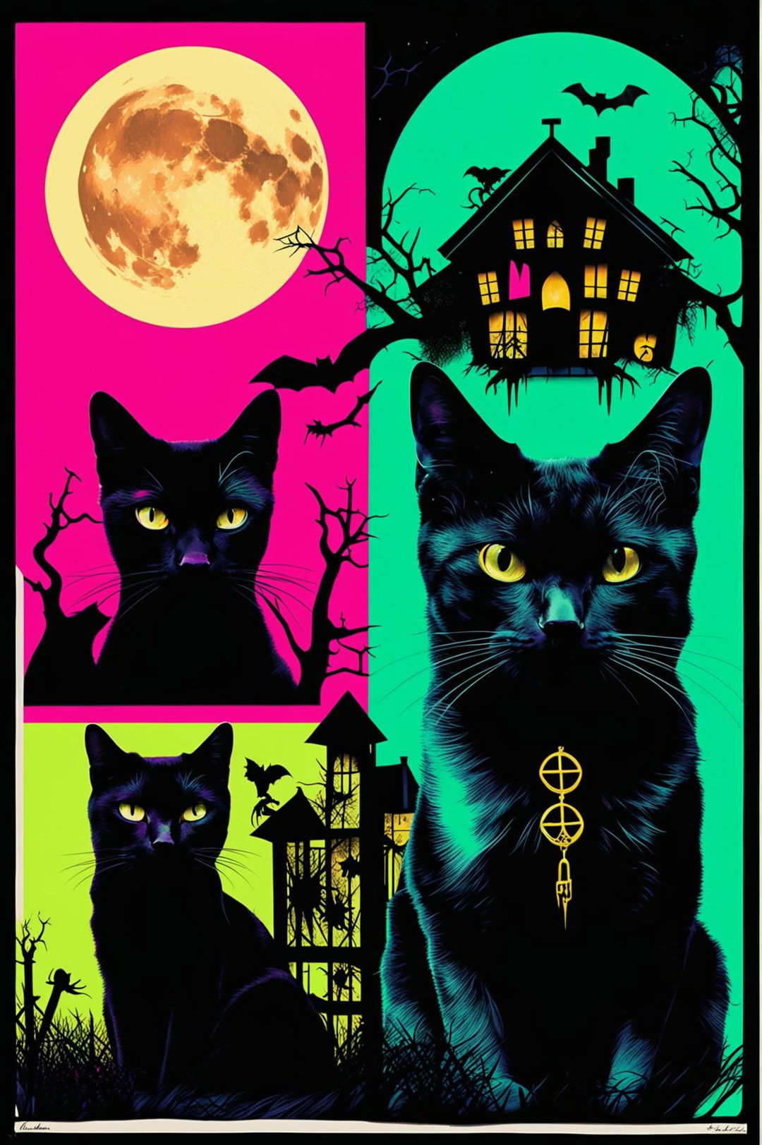 A variation of the previous Andy Warhol style Halloween themed print, incorporating new elements like black cats, full moon, haunted houses and skeletons in a vibrant color grid