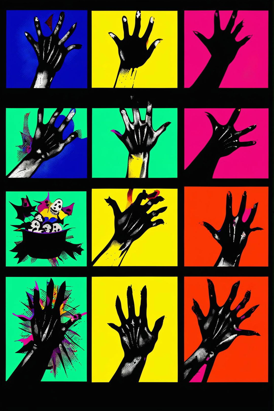 A new variation of the Andy Warhol style Halloween print, introducing elements like scarecrows, vampire bats, cauldrons, and zombie hands in a vibrant color grid