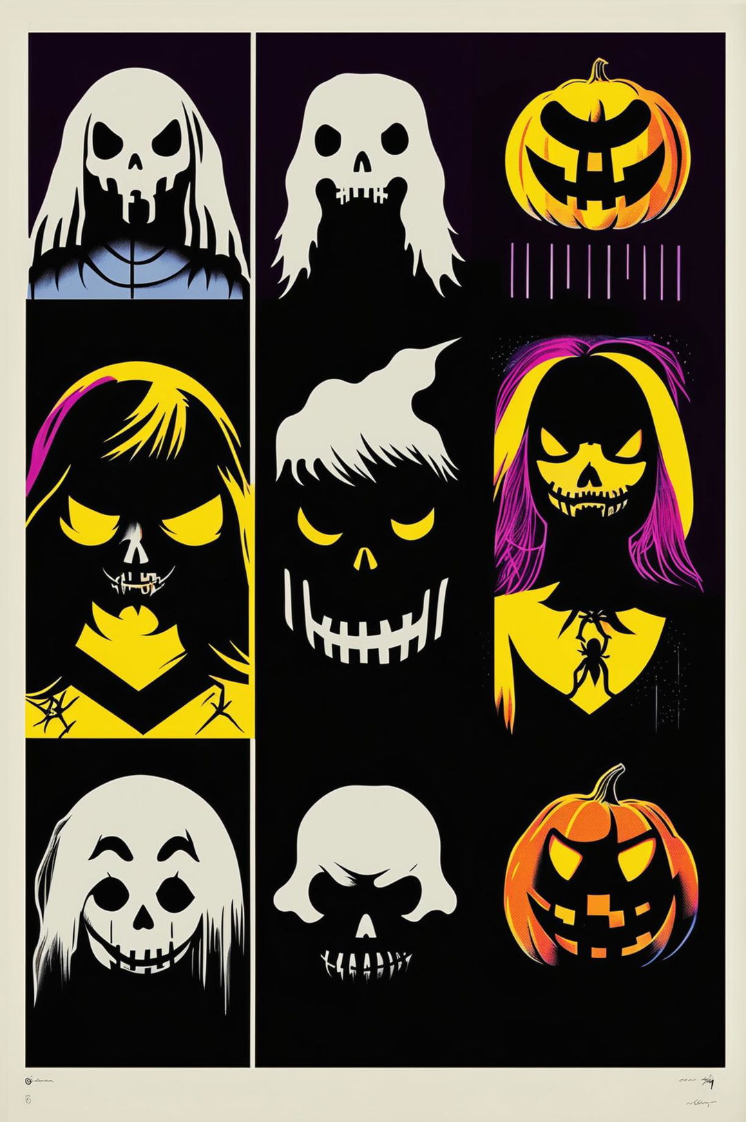 A variation of the Andy Warhol style Halloween print, incorporating elements like witches, jack-o'-lanterns, ghostly apparitions, and spider webs in a vibrant color grid