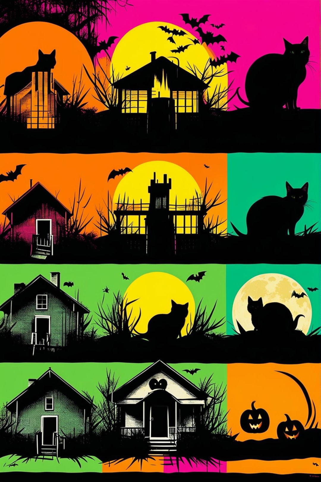 Create a Halloween-themed Andy Warhol print variation with elements like pumpkins, black cats, haunted houses, and full moons, each in a unique color scheme