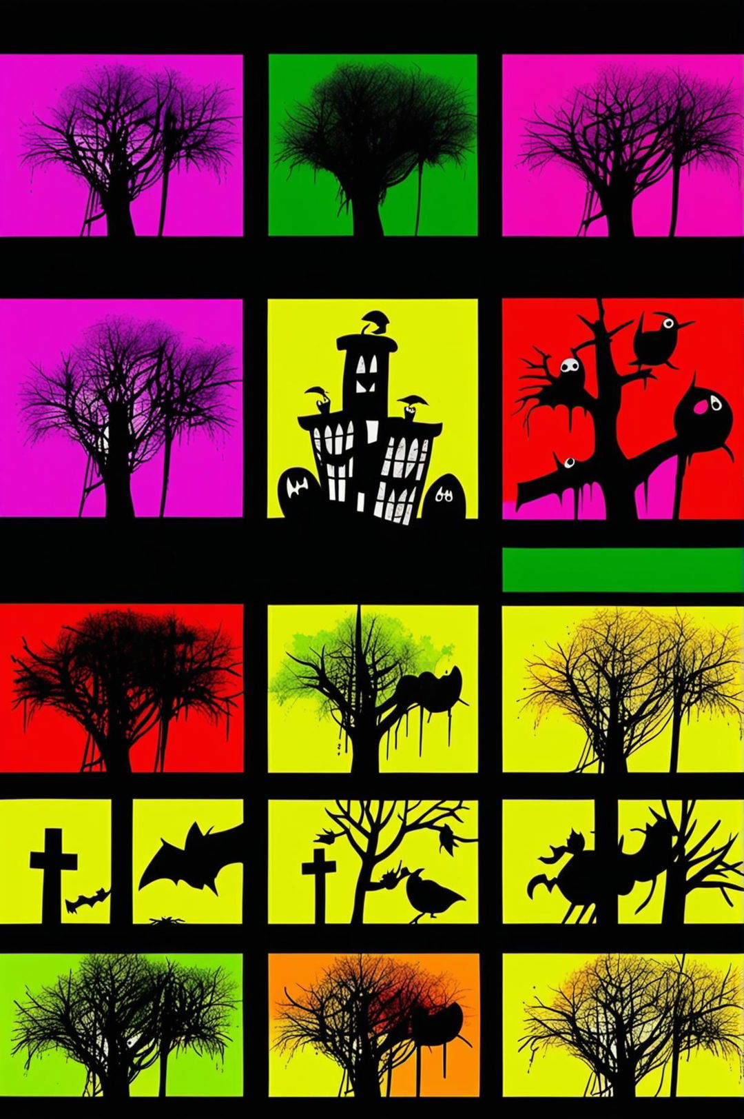 Design a Halloween-themed Andy Warhol print variation with elements like ghouls, cobwebs, tombstones, and eerie trees, each in a unique color scheme