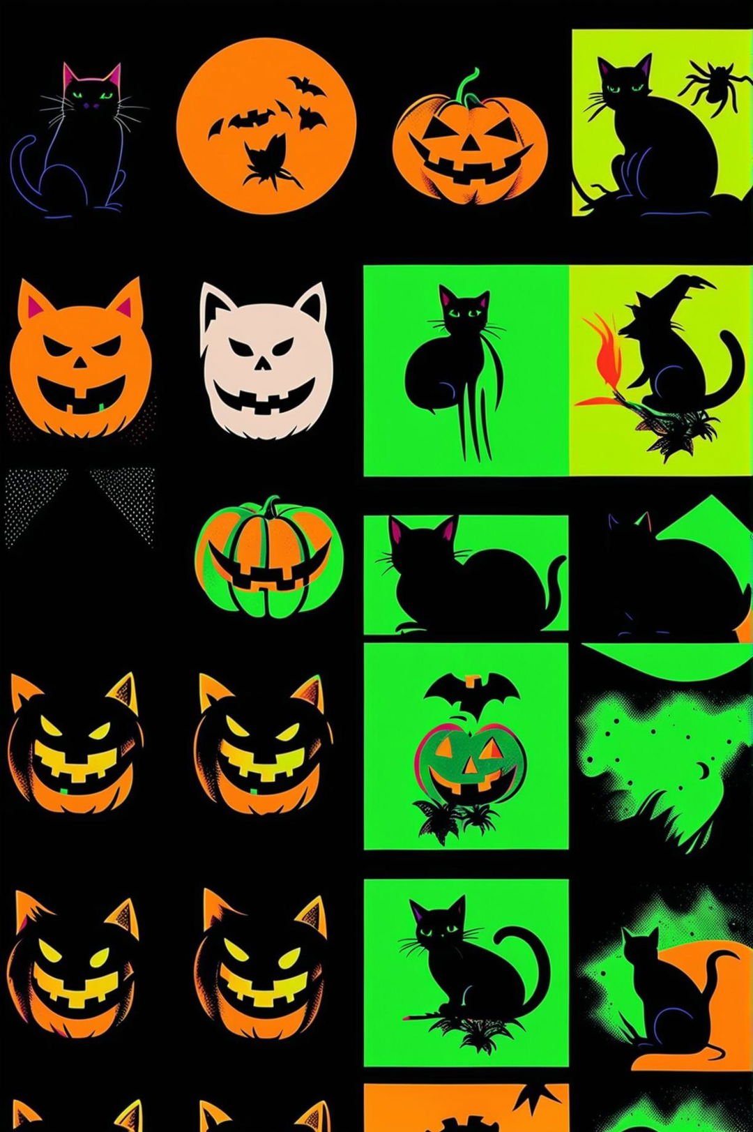 Create a Halloween-themed Andy Warhol print variation with elements like carved pumpkins, black cats, witches, and ghosts, each in a unique color scheme