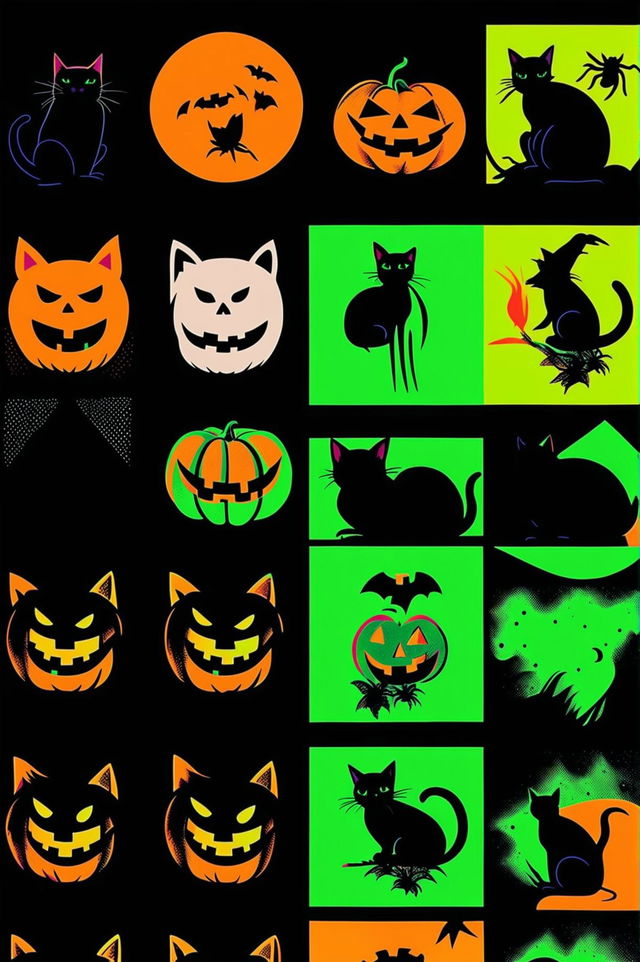 Create a Halloween-themed Andy Warhol print variation with elements like carved pumpkins, black cats, witches, and ghosts, each in a unique color scheme