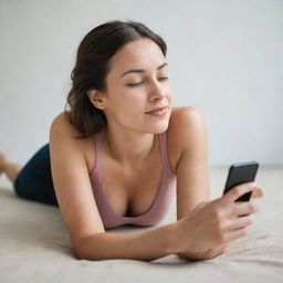 An image of a relaxed woman, lying down on her stomach, busily engaged with her phone in her hands.