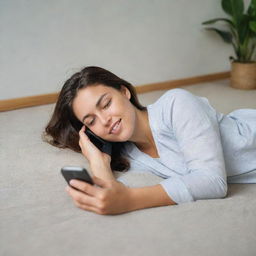 An image of a relaxed woman, lying down on her stomach, busily engaged with her phone in her hands.