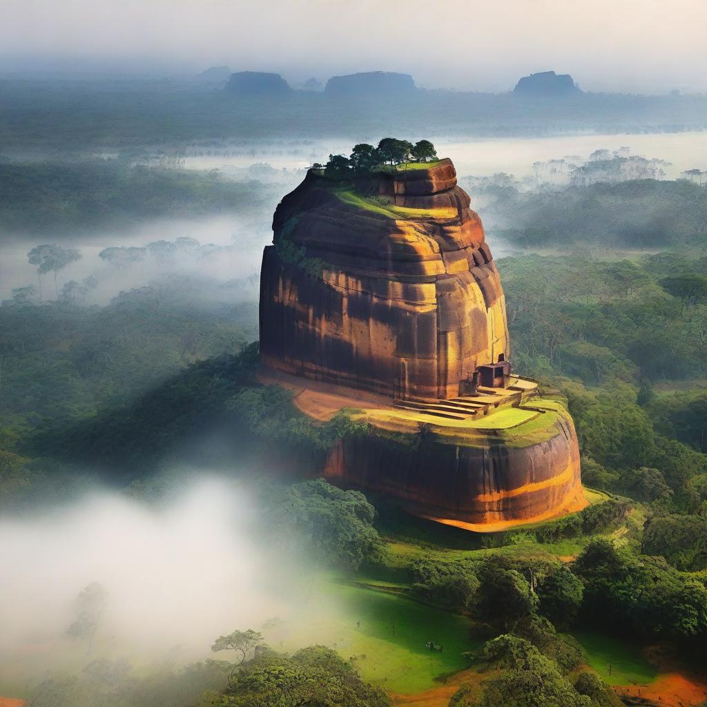 Generate an aerial view of the Sigiriya rock fortress enveloped in a mystical mist