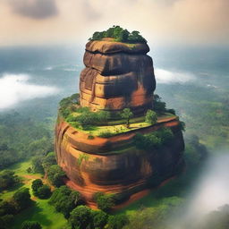 Generate an aerial view of the Sigiriya rock fortress enveloped in a mystical mist