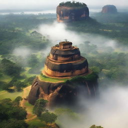 Generate an aerial view of the Sigiriya rock fortress enveloped in a mystical mist