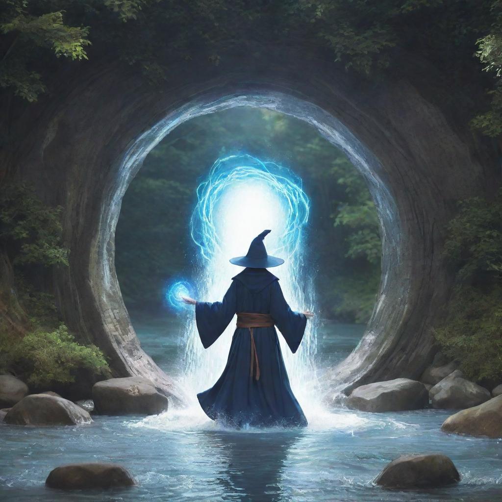 Anime style image of a wizard opening a magical portal in the middle of a flowing river.