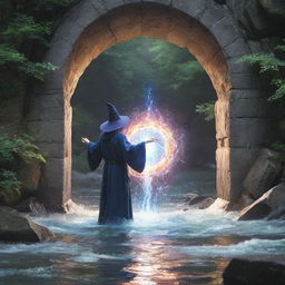 Anime style image of a wizard opening a magical portal in the middle of a flowing river.