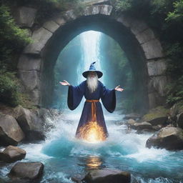 Anime style image of a wizard opening a magical portal in the middle of a flowing river.