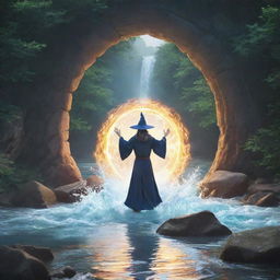 Anime style image of a wizard opening a magical portal in the middle of a flowing river.