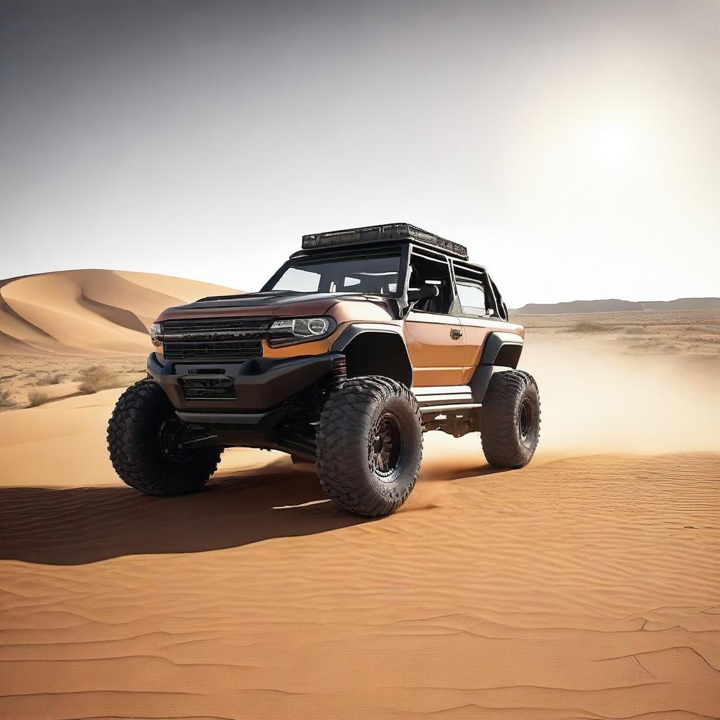 Generate an image of a rugged, all-terrain vehicle traversing a vast, sandy desert