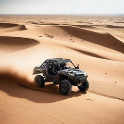 Generate an image of a rugged, all-terrain vehicle traversing a vast, sandy desert