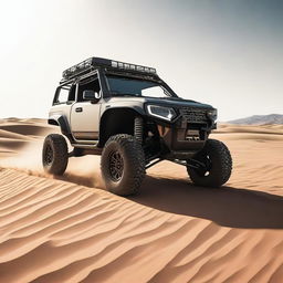 Generate an image of a rugged, all-terrain vehicle traversing a vast, sandy desert