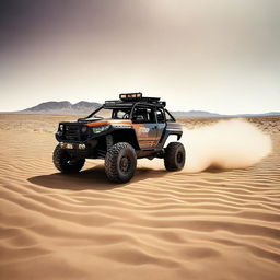 Generate an image of a rugged, all-terrain vehicle traversing a vast, sandy desert