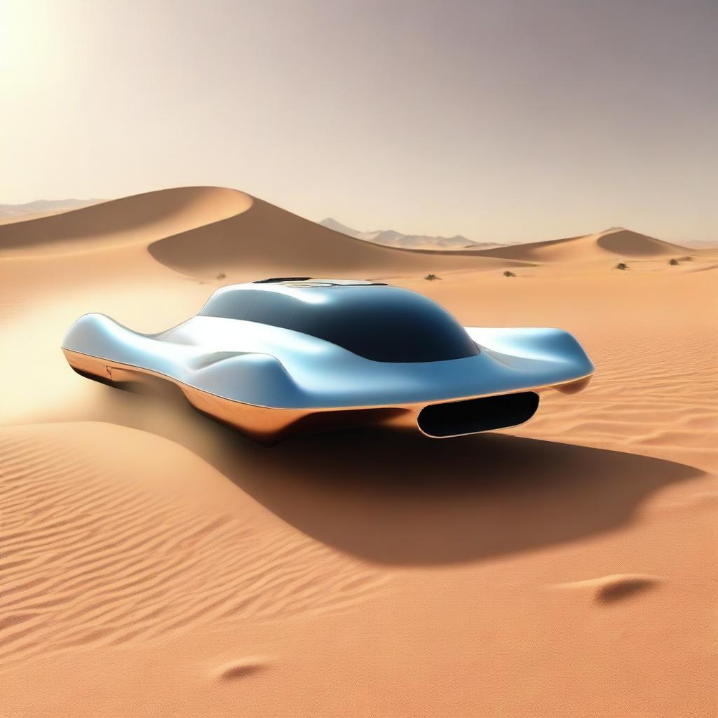 Generate an image of a futuristic, hover car effortlessly gliding over a vast, sandy desert