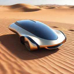 Generate an image of a futuristic, hover car effortlessly gliding over a vast, sandy desert