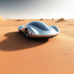 Generate an image of a futuristic, hover car effortlessly gliding over a vast, sandy desert