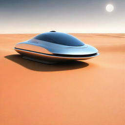 Generate an image of a futuristic, hover car effortlessly gliding over a vast, sandy desert