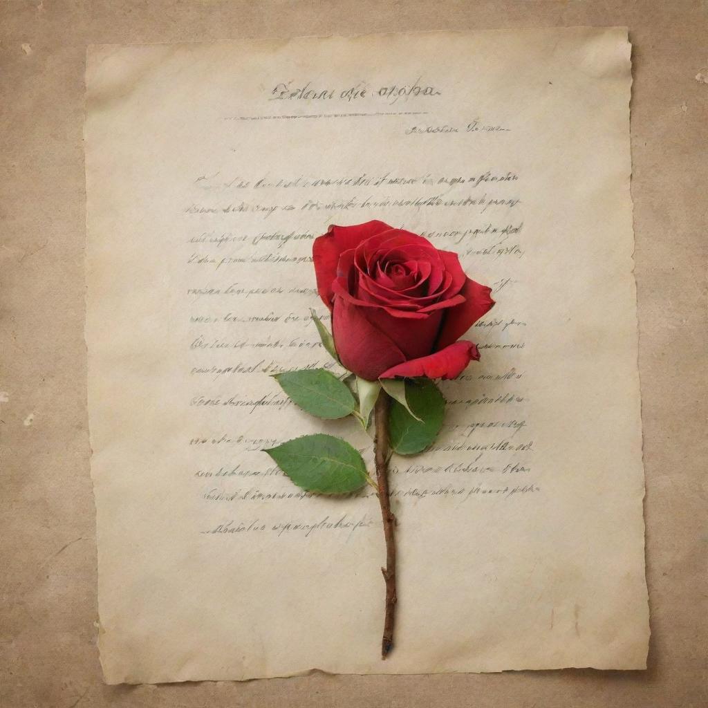 A humble apology note illustrated beautifully on a vintage parchment paper, accompanied by a single, wilting red rose.