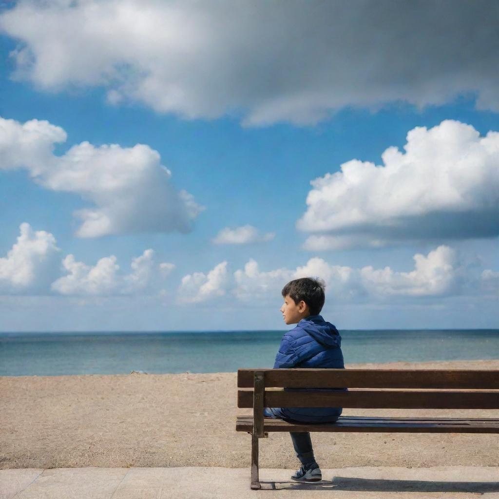 A young boy named Hashir, sitting on a bench near the seaside under a partly sunny sky with clouds. He's looking pensively into the sky, a sense of serenity envelops the scene.