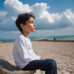 A young boy named Hashir, sitting on a bench near the seaside under a partly sunny sky with clouds. He's looking pensively into the sky, a sense of serenity envelops the scene.