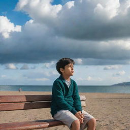 A young boy named Hashir, sitting on a bench near the seaside under a partly sunny sky with clouds. He's looking pensively into the sky, a sense of serenity envelops the scene.