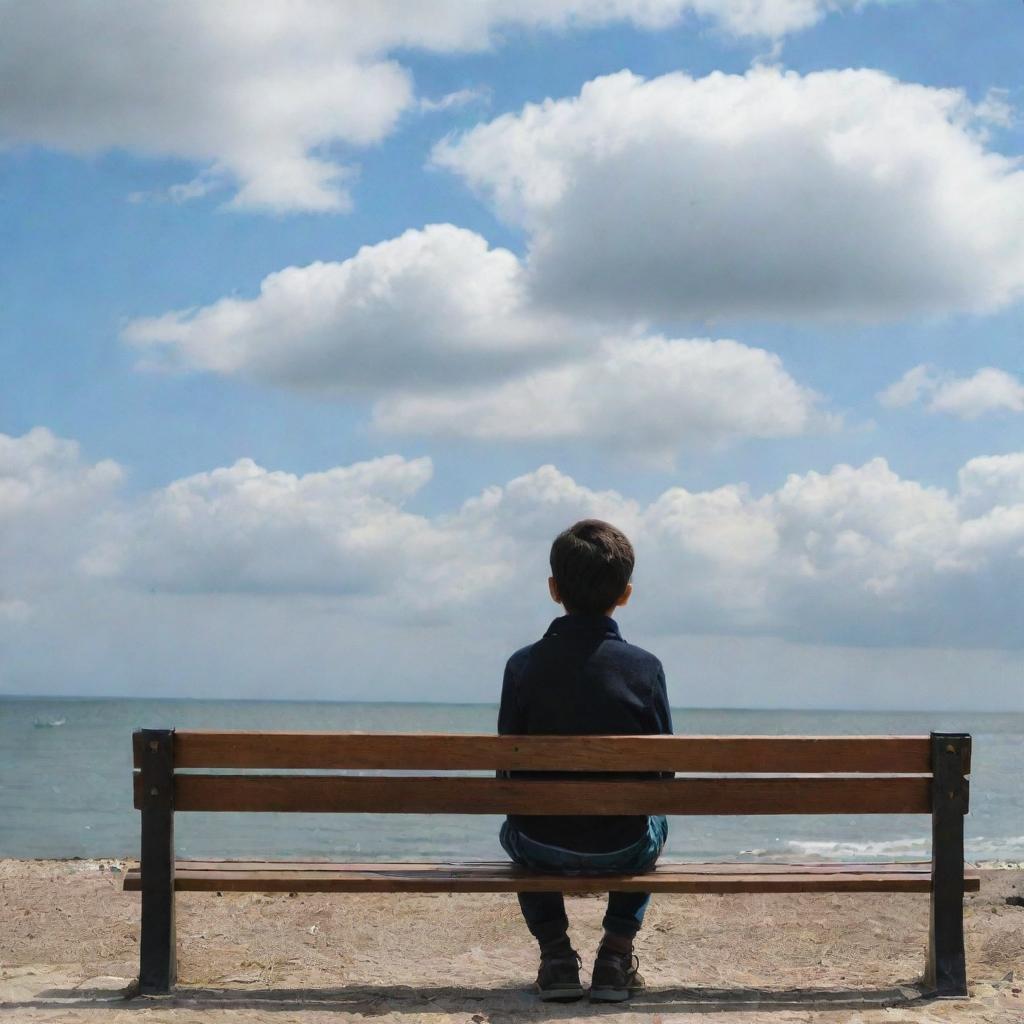 A young boy named Hashir, sitting on a bench near the seaside under a partly sunny sky with clouds. He's looking pensively into the sky, a sense of serenity envelops the scene.