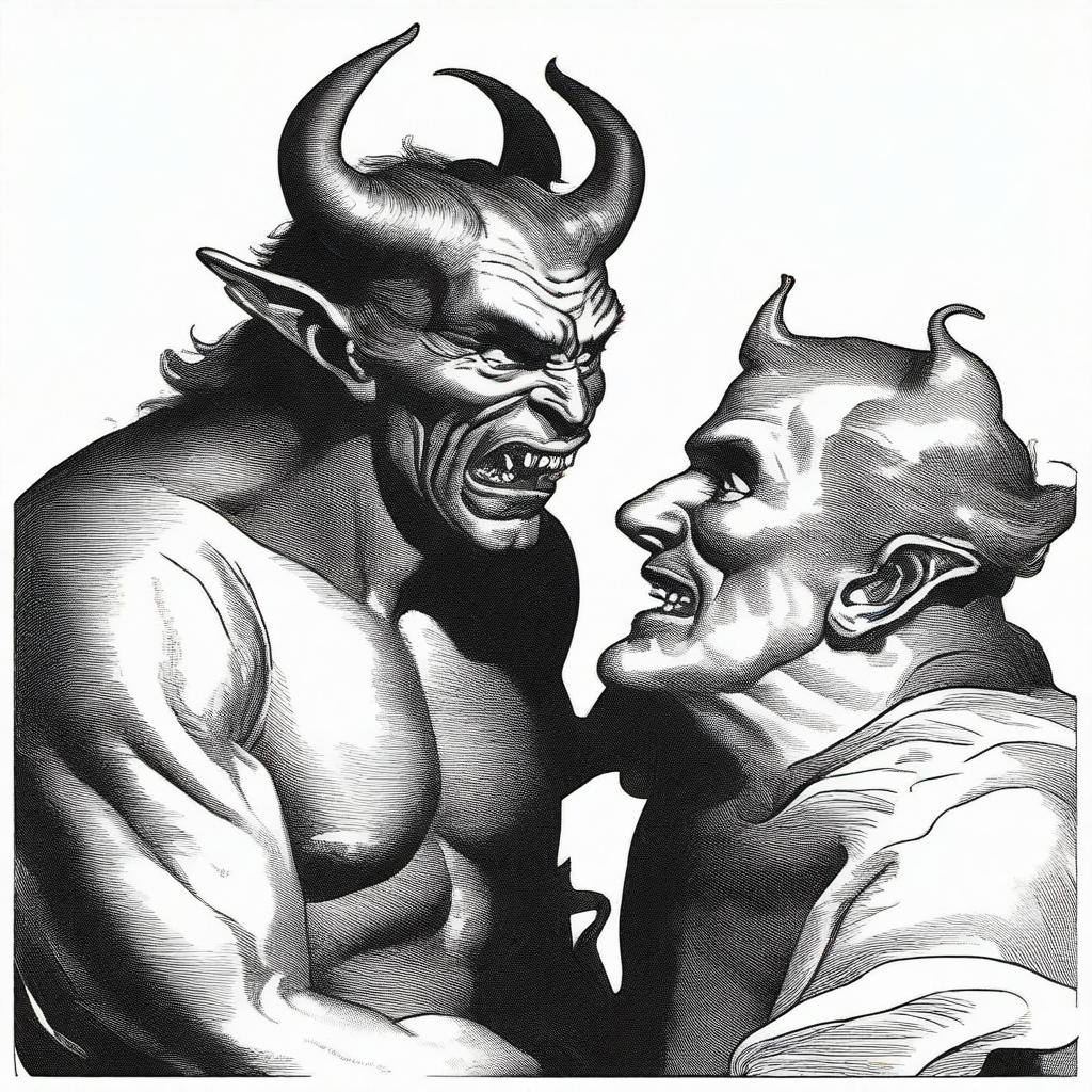 Depict a scene where a demon is whispering temptations of mischief and wrongdoing into a person's ear