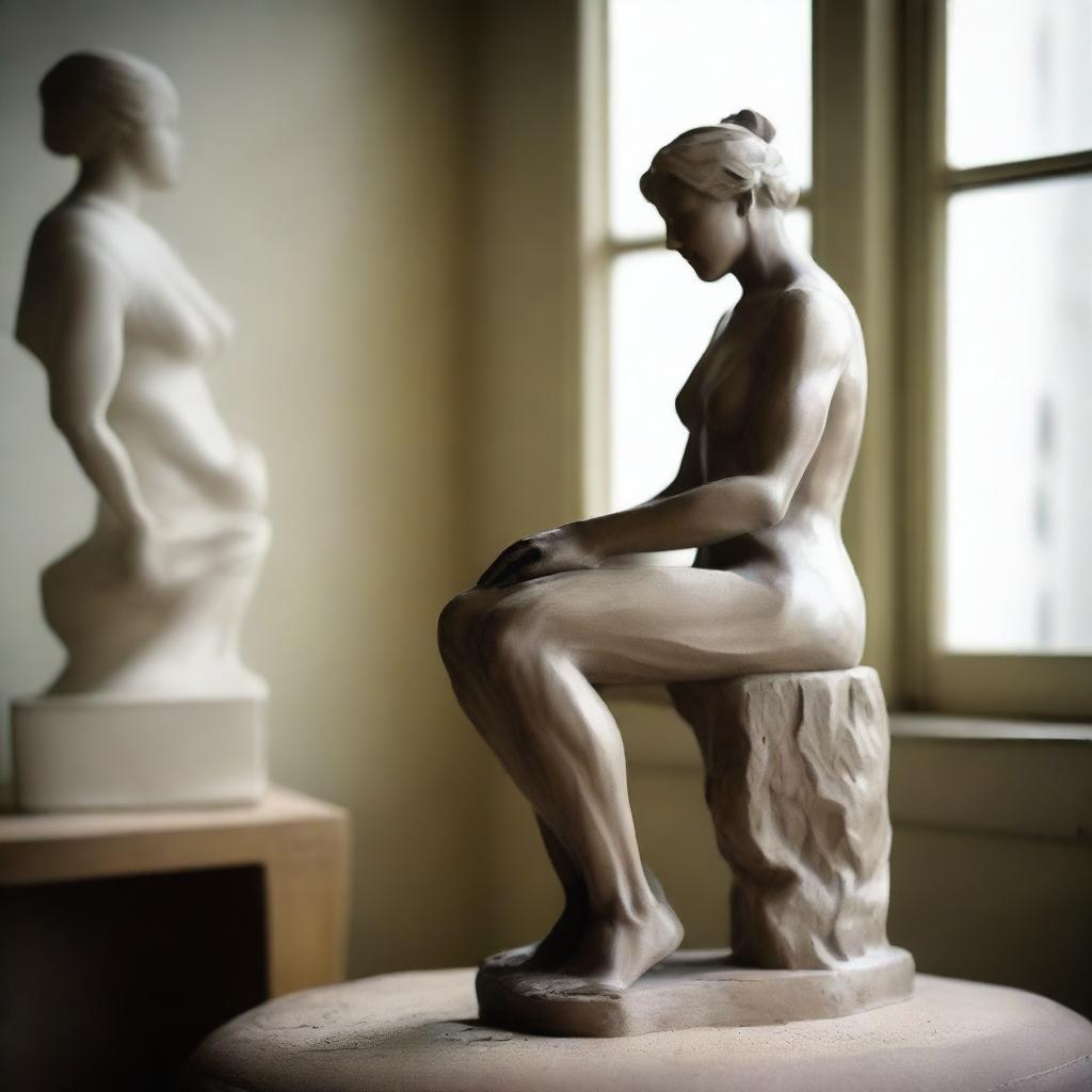 Create an image of a person alone in their home the next day, engrossed in the process of sculpting a statue