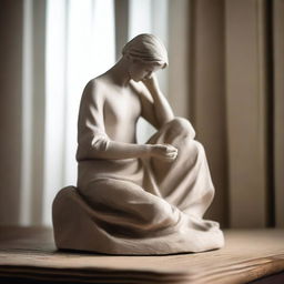 Create an image of a person alone in their home the next day, engrossed in the process of sculpting a statue