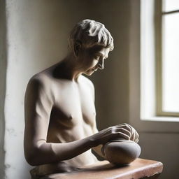 Create an image of a person alone in their home the next day, engrossed in the process of sculpting a statue