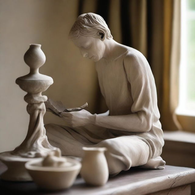 Create an image of a person alone in their home the next day, engrossed in the process of sculpting a statue