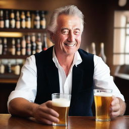 Generate an image of a wealthy individual indulging in a beer the next day