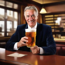 Generate an image of a wealthy individual indulging in a beer the next day