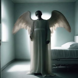 Generate an image where the wealthy individual, alone in the hospital room, is visited by a grim-looking Angel of Death