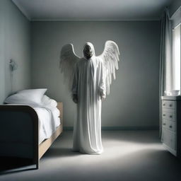 Generate an image where the wealthy individual, alone in the hospital room, is visited by a grim-looking Angel of Death